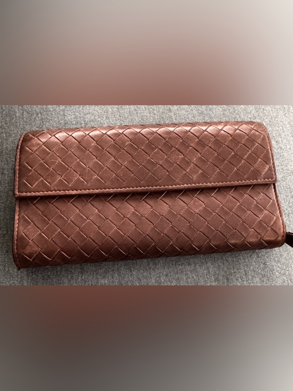 Bottega Veneta Leather Fold-Over Wallet Clutch in Grey/Brown
